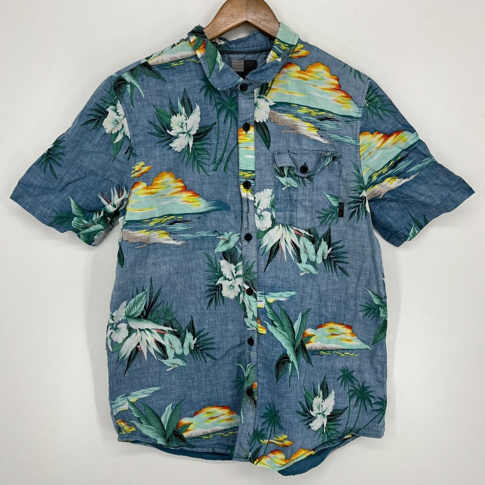 O'Neill Short Sleeve Button‎ Shirt Men's M Blue Floral Hawaiian Collared Pocket
